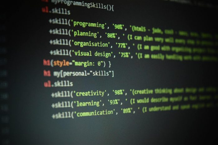 code on a computer screen detailing skills