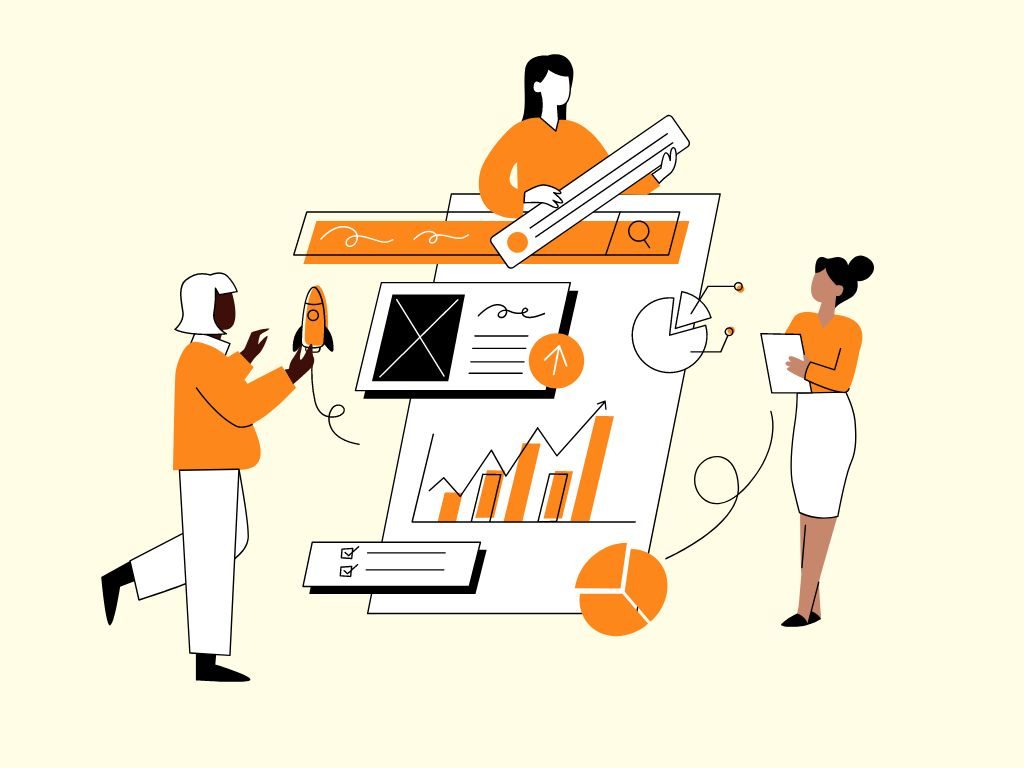 In drawing form, there are three people surrounding a group of graphs. Everyone is wearing an orange shirt, matching the graphs. The background is beige.