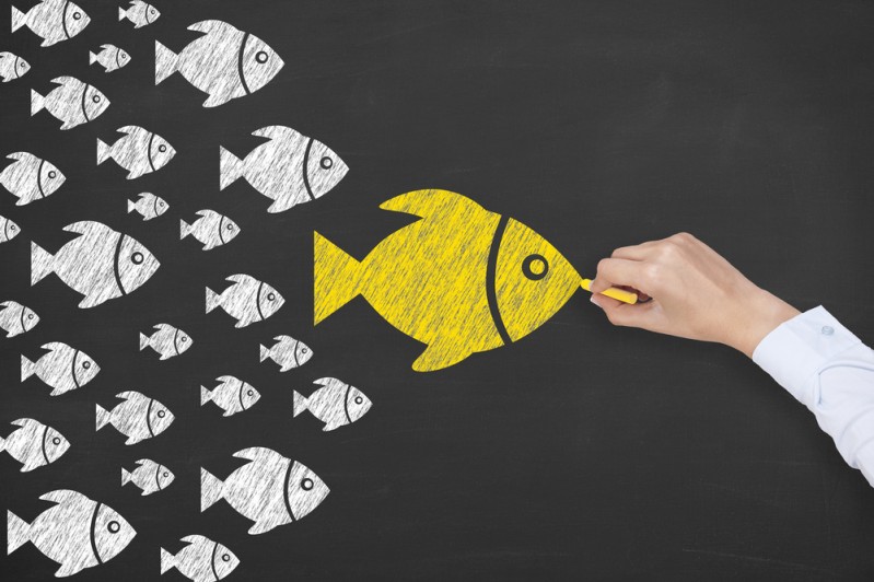 A hand drawing a bright yellow fish being followed by a school of plain white fish.