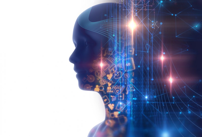 AI in learning concept showing an AI figure with learning icons in the background