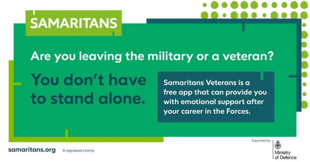 graphic image with text detailing access for the Samaritans Veterans App launch